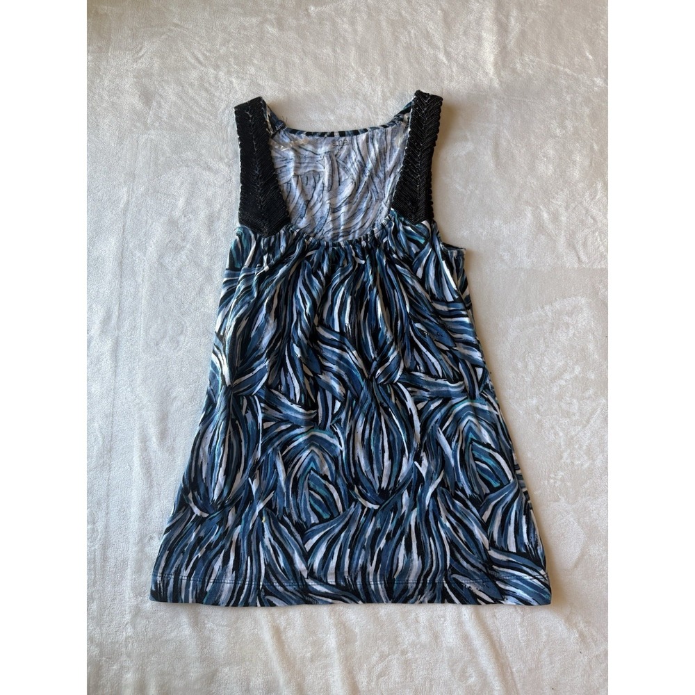 Ana 100% Cotton Sleeveless Blue and Black Patterned Top with Black Trim Size S